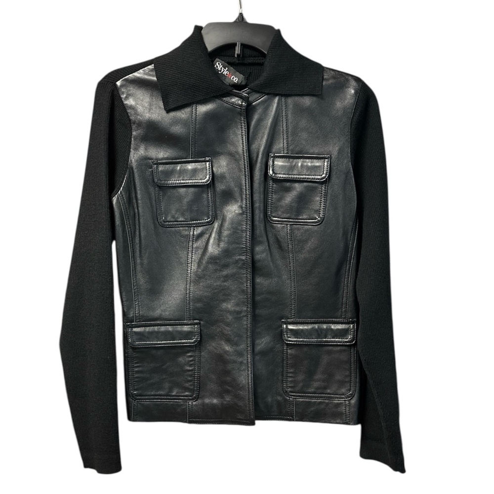 Style & Co. Women’s Snap Button Front Black Leather w/ Wool-Blend Jacket Size S